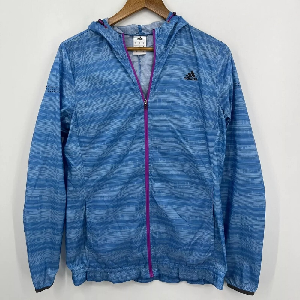 Adidas Womens Blue Striped Hooded Windbreaker Running Jacket S16969 Small